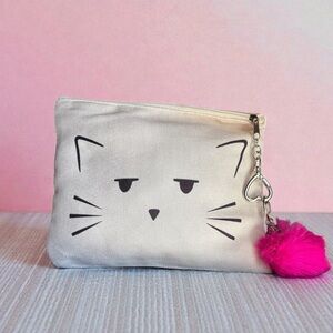Chic Cat Face Pouch with Pink Pom Pom